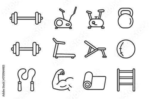 Fitness equipment line icon set. Gym exercise & workout tools. Dumbbell, treadmill, kettlebell, stationary bike, bicep muscle arm. Vector outline sport icons collection.