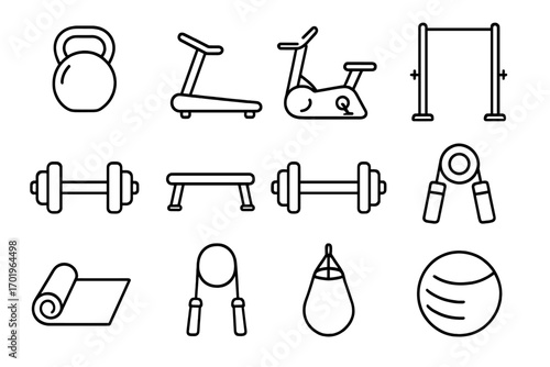 Fitness equipment line icon set. Exercise, workout, gym tools collection. Vector outline style. Sport symbols: dumbbell, kettlebell, treadmill, yoga mat, punching bag.