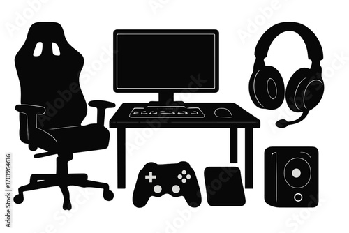 Gaming setup silhouette collection. Gamer room equipment set. Vector icons of chair, desk, computer, headphones, controller. Esports workstation gear for game streaming.