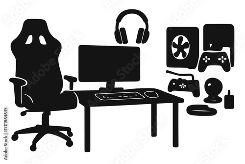 Gamer room equipment silhouette collection. Vector icon set of a gaming chair, computer desk, headset, and controller. Esports pro streamer workspace and workstation elements.