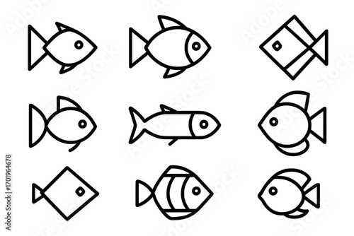 Geometric fish outline icon set. Simple marine life symbols. Minimalist linear aquatic animal collection for logo design. Modern sea life pictogram for fishery or seafood restaurant.