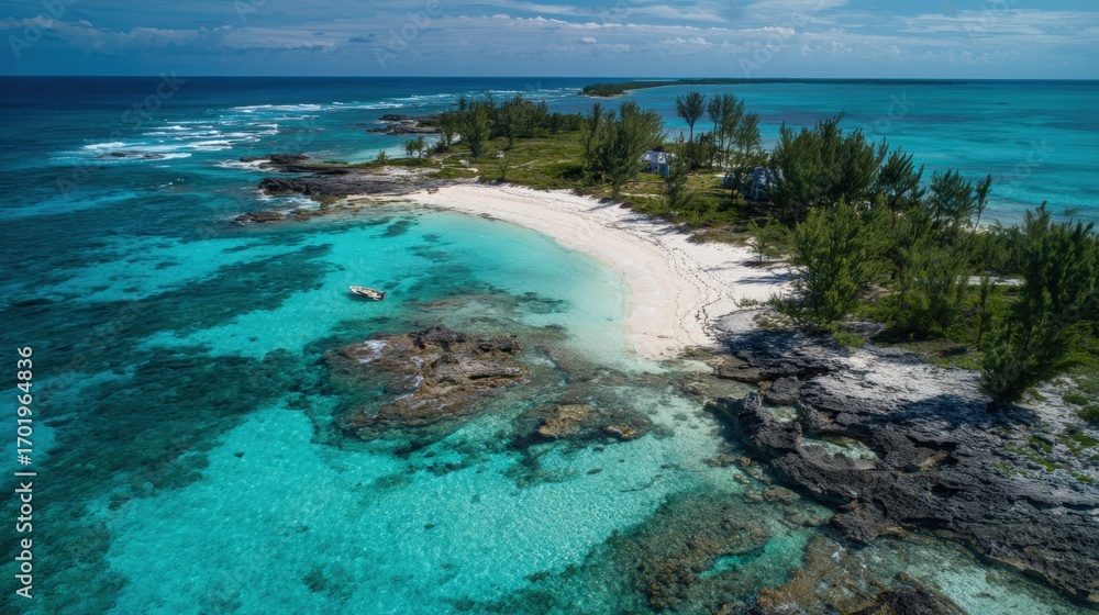 Obraz premium Seascape Aerial View of Exotic Beach, Turquoise Water, White Sand, and Lush Greenery on Tropical Island