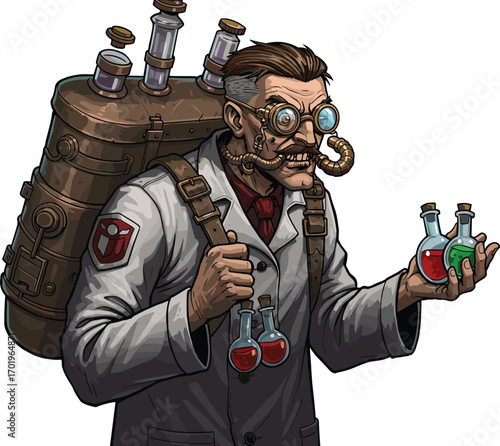 Steampunk scientist with mechanical tube mustache, goggles, white lab coat, leather backpack, glass vials, red and green potions, Victorian inventor