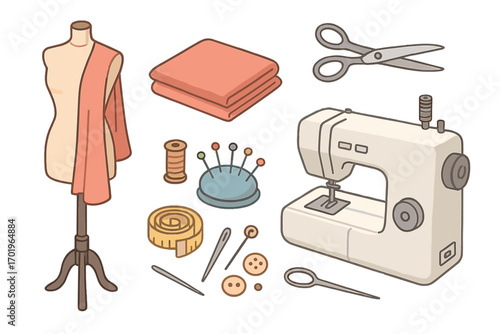 Sewing tools set for tailoring and dressmaking. Isometric vector illustration collection with sewing machine, mannequin, fabric, and scissors. Handmade craft and hobby concept.