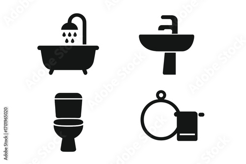 Bathroom icons set. Minimalist black silhouettes for home design. Vector illustration. Bathtub, shower, sink, toilet, towel. Hygiene, sanitary, restroom pictogram collection.