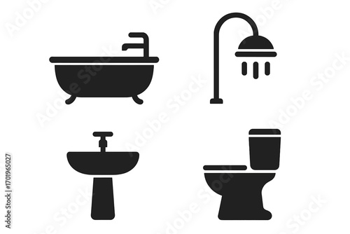 Bathroom icons set. Simple black silhouette collection. Vector symbols for washroom, restroom, toilet, and home design. Minimalist pictograms of bath, shower, sink, wc.