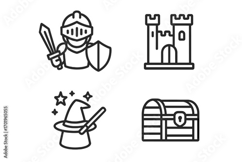 Medieval fantasy outline icon set. Knight, castle, magic treasure chest, and wizard icons. Vector graphic for RPG, game, or fairytale. Line art illustration.