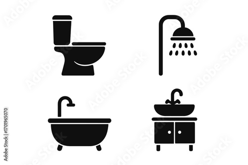 Bathroom icons set with simple black silhouettes. Minimalist vector graphic collection for home design and web pictogram. Includes toilet, shower, bathtub, sink, and furniture.