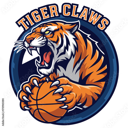 tiger mascot logo clutching a basketball