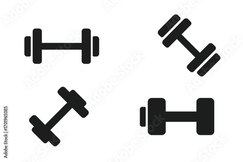 Minimalist black dumbbell icons set for fitness apps and websites. Vector flat design element. Gym workout, bodybuilding and weightlifting symbol. Simple athletic equipment.