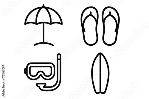 Beach icon set for summer vacation. Minimalist line art collection with umbrella, flip flops, snorkel mask, and surfboard. Vector symbols for travel, holiday, and water sports.