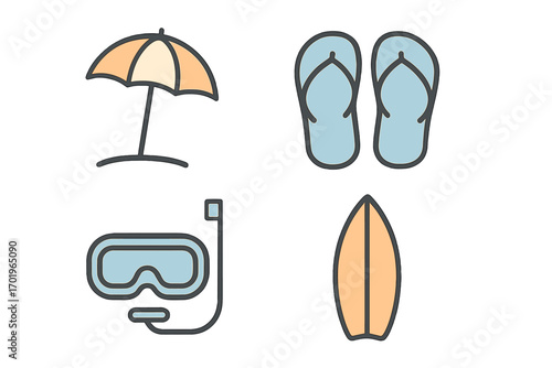Beach icons set with umbrella, flip flops, snorkel, and surfboard. Minimalist vector cartoon illustration. Summer vacation, travel, and water sports symbols collection.