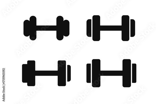 Dumbbell icons set for fitness and gym. Black minimalist vector graphic for bodybuilding and workout apps. Barbell weight lifting symbol for strength training exercise.