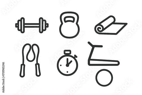 Gym equipment icon set. Minimalist line art vector. Dumbbell, kettlebell, yoga mat, jump rope, stopwatch, treadmill symbols. Fitness, workout, exercise concept for health.