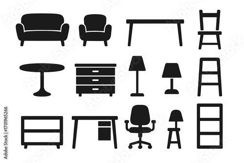 Furniture icon silhouette set for home and office interior design concepts. Minimalist vector collection of isolated elements like sofa, chair, table, desk, lamp, bookshelf.