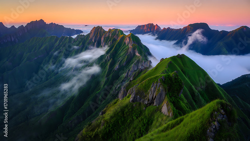 Mountainous landscape with a scenic sunset over snowy peaks and a cloudy sky
