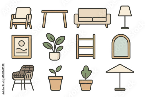 Minimalist home and garden icon set. Indoor and outdoor furniture essentials. Vector line art illustration for interior design. Sofa, chair, plant, lamp and decor elements.