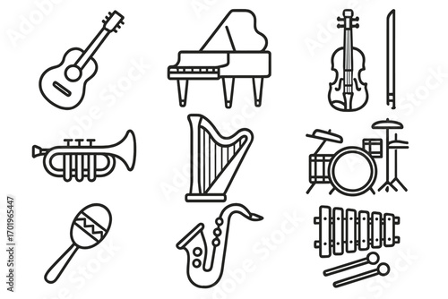 Music instrument outline icon set, musical instruments collection, harmony symbols, vector cartoon illustration, transparent background, ordered set 2