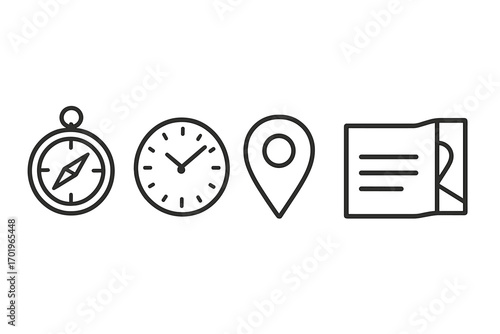 Navigation tools line icons set with compass, clock, location pin, menu, and map. Vector cartoon style travel and map symbol collection with transparent background and ordered layout.