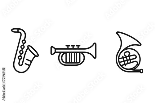 Music instruments outline icon set with saxophone trumpet horn linear design. Vector cartoon illustration, black contour musical instrument symbols, transparent background, ordered set.