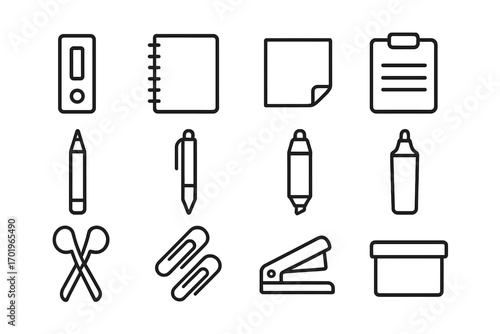 Minimalist office essentials icon set, outline stationery and organization tools, vector cartoon illustration, transparent background, ordered icons pack