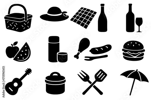 Picnic essentials icons set in black silhouette style with basket, wine, food, guitar, and umbrella for summer outdoor activities, barbecue, travel, and leisure vector illustration