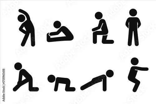Pictogram set of exercise routines with stretching, strengthening poses, fitness icons, workout silhouette illustrations, body warm-up movements, health and training concept