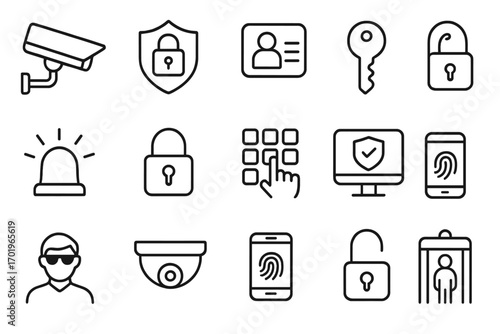Security and access control line icon set, monitoring protection symbols, outline style vector cartoon illustration, transparent background, ordered icons collection