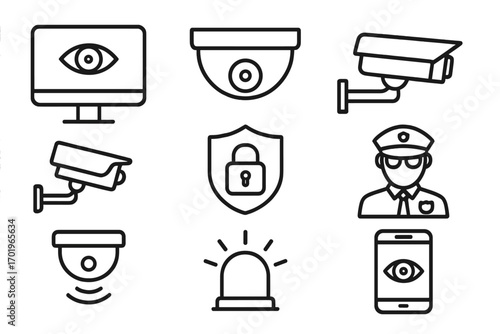 Security and surveillance line icon set, monitoring camera outline collection, vector cartoon illustration, protection symbols, guard, alert, mobile monitoring, transparent background