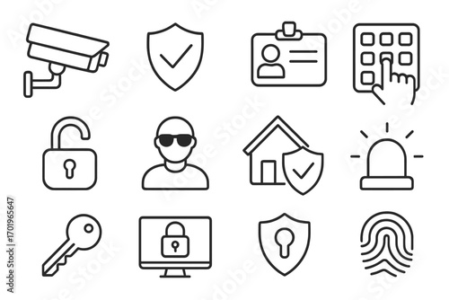 Security and access control line icon set, monitoring and protection symbols, outline style vector cartoon illustration, transparent background, ordered set of safety and surveillance icons