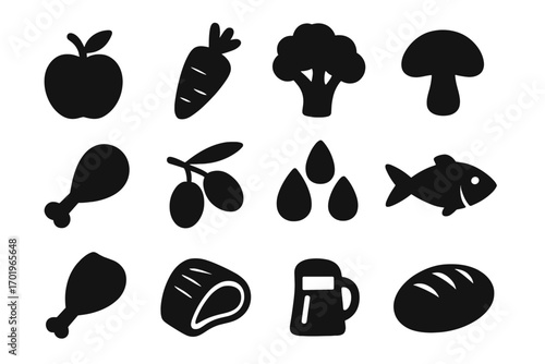 Set of simple black food and ingredient silhouettes with olive, seed, fish, bread, meat, vegetable, mushroom, and drink icons, cartoon style transparent vector illustration