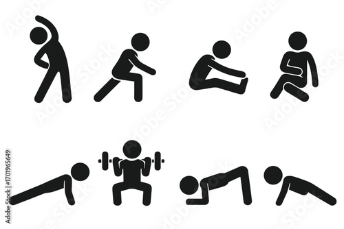 Set of exercise routine pictograms with stretching, warm-up, body strengthening, weight lifting, push-ups, yoga poses, fitness icons, workout silhouette vector illustration