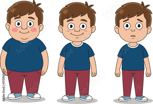 Cute cartoon boys showing different body types and emotions, wearing casual clothes, happy and sad expressions, vector illustration for kids.