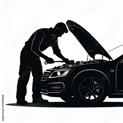 Automotive Mechanic Repairing Car Engine In Workshop Silhouette