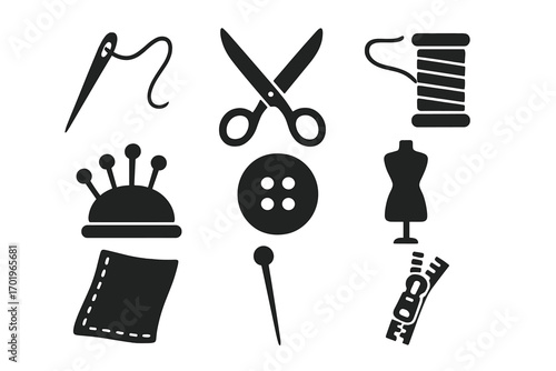 Sewing and Crafting Icons Set, Needle, Scissors, Thread, Pin Cushion, Button, Mannequin, Zipper, Patchwork Silhouettes, Tailoring Tools Vector Illustration, Transparent Background