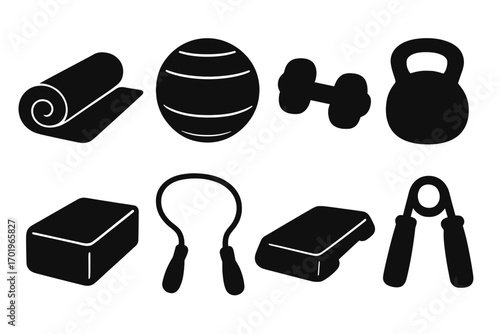 Silhouette fitness equipment icons set including yoga mat, exercise ball, dumbbell, kettlebell, foam block, jump rope, step platform, hand grip strengthener, workout gear vector