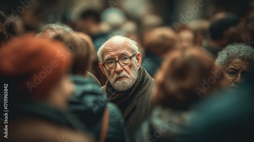 Elderly man with a beard standing in a crowd, looking thoughtfully into the distance.