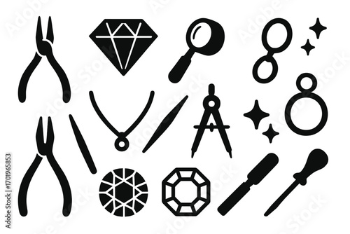 Silhouette icons of jewelry tools and symbols for crafting and design, jewelry making, gem cutting, repair, magnifying glass, necklace, ring, diamond, sparkle, vector set