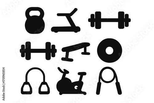 Silhouette icons of diverse fitness equipment for gym and workout themes, including kettlebell, treadmill, dumbbells, bench, exercise bike, resistance bands, and jump rope, vector set