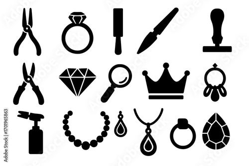 Silhouette icons of jewelry tools, crafting symbols, diamond shapes, ring, necklace, crown, magnifying glass, earring, gemstone, jewelry design vector set