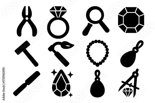 Silhouette icons of jewelry tools and symbols for jewelry crafting and design, vector illustration set with transparent background, jewelry making tools, gems, and accessories collection