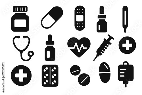 Silhouette icons of medical and pharmacy essentials in flat design, vector cartoon illustration, transparent background, ordered set of healthcare symbols, medicine and health tools