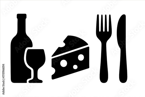Silhouette icons of wine bottle, wine glass, cheese wedge with holes, fork and knife cutlery, culinary theme vector set, black food and drink symbols, transparent background