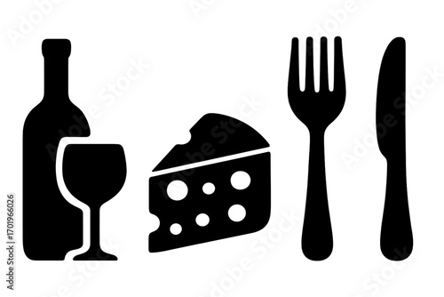 Silhouette icons of wine bottle, wine glass, cheese wedge with holes, fork and knife cutlery set for culinary themes, food and drink vector illustration with transparent background