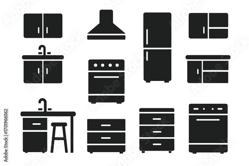 Silhouette kitchen furniture icons set for modern interiors and home decoration, vector cartoon illustration, transparent background, ordered collection of stylish kitchen decor elements