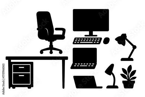 Silhouette office furniture set modern desk chair computer monitor keyboard laptop desk lamp plant storage drawer workspace icons collection vector cartoon illustration transparent background
