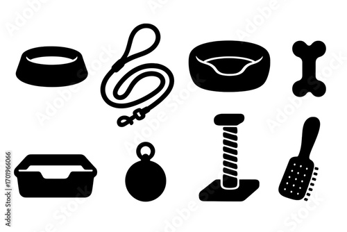 Silhouette pet accessories icons set with bowls, leash, bed, bone, litter box, tag, scratching post, and grooming brush. Vector cartoon illustration on transparent background.