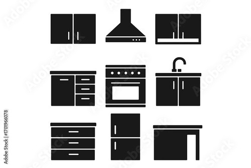 Silhouette kitchen furniture icons set for modern interiors, home decoration, vector cartoon illustration, transparent background, ordered collection of cabinets, oven, sink, stove, hood