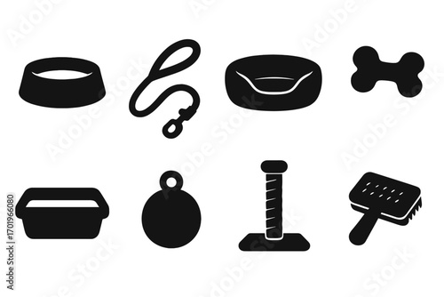 Silhouette pet accessories icons set with bowls, leash, bed, bone, litter box, tag, scratching post, and brush, vector cartoon illustration, transparent background, ordered collection