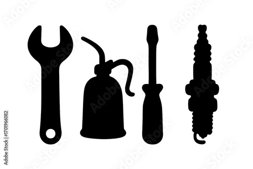 Silhouette tools set with wrench, oil can, screwdriver, spark plug icons, vector cartoon illustration, transparent background, ordered mechanic repair and maintenance equipment symbols